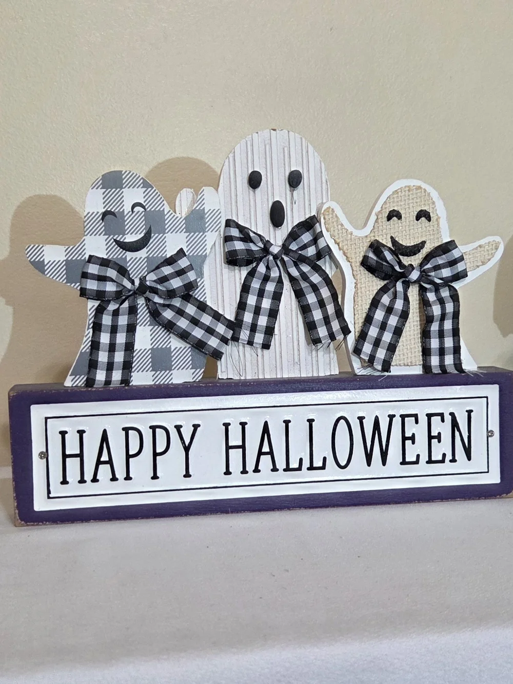 Festive Black & White Ghost Halloween Wood Block Sign Purple, White, And Grey
